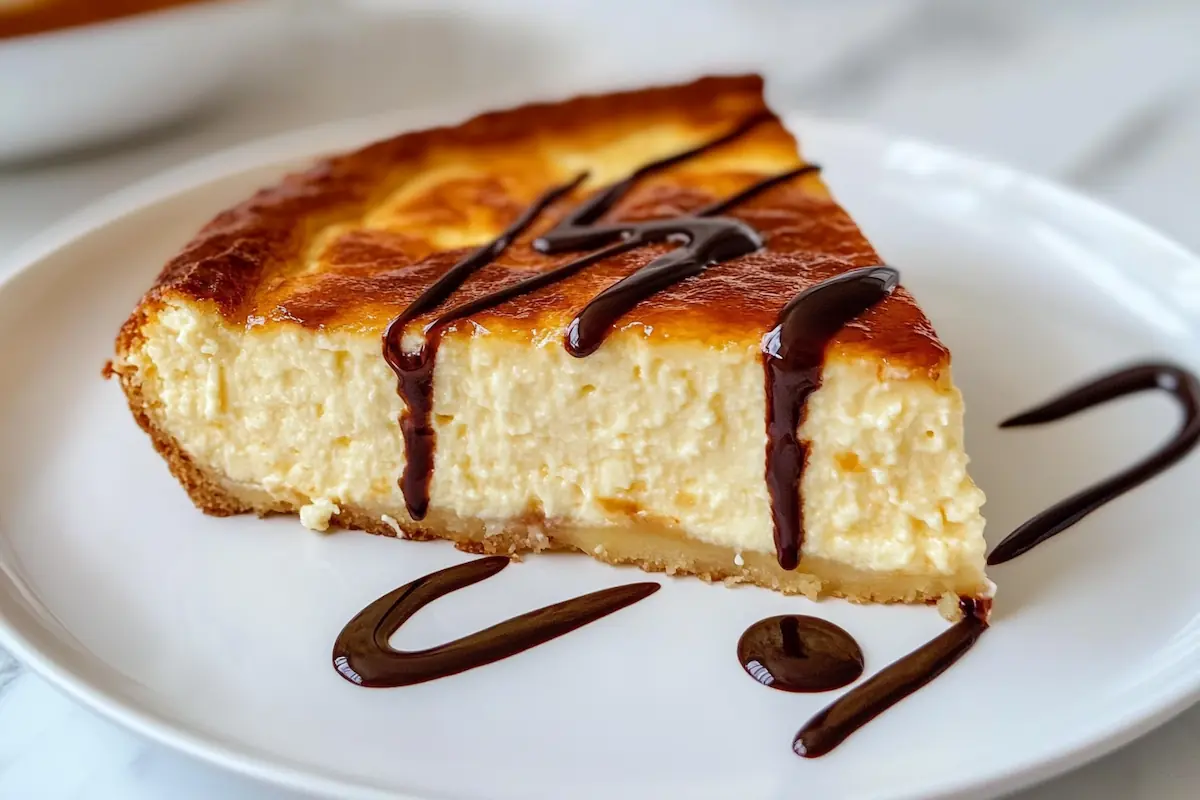 A warm slice of crescent roll cheesecake drizzled with chocolate sauce.