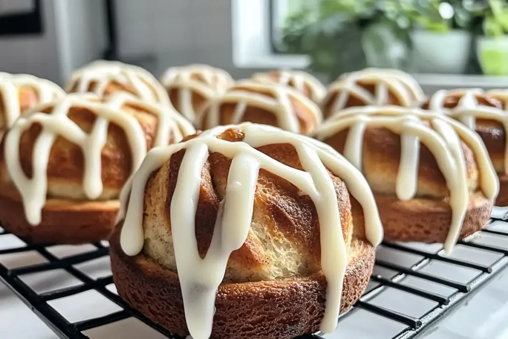 A tray of freshly baked bread flour cinnamon rolls topped with drippy cream cheese icing