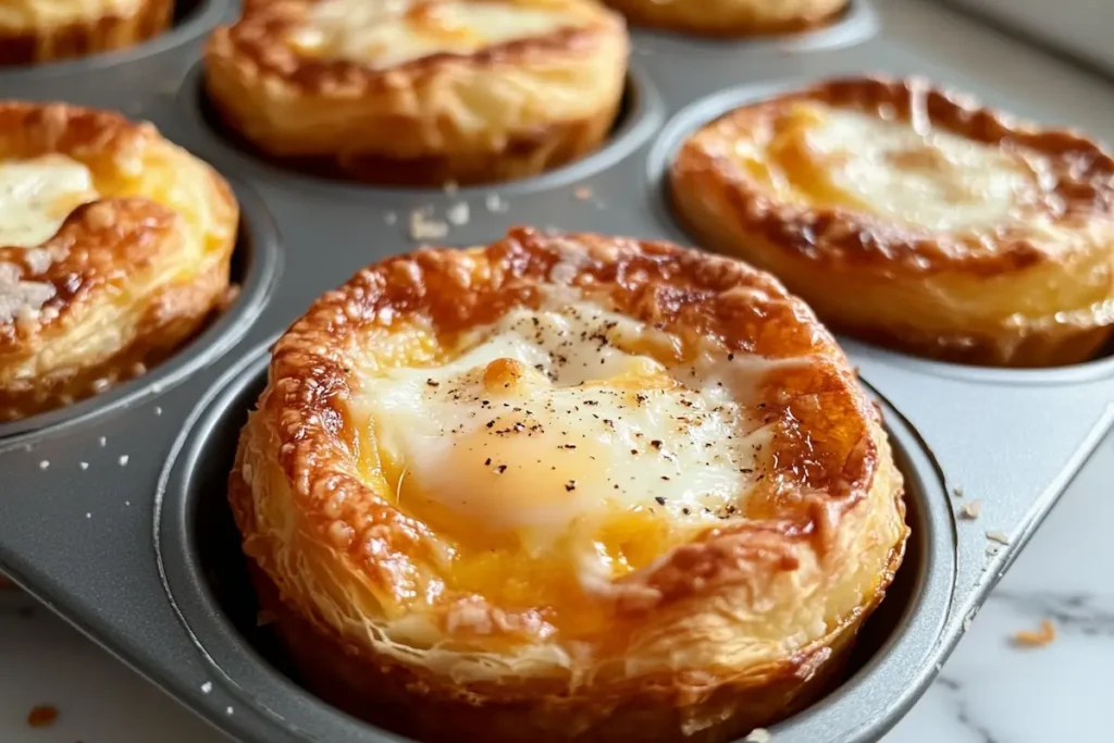 Golden-brown puff pastry egg cups topped with melted cheese in a muffin tin.