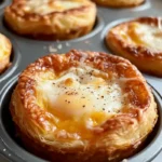 Golden-brown puff pastry egg cups topped with melted cheese in a muffin tin.