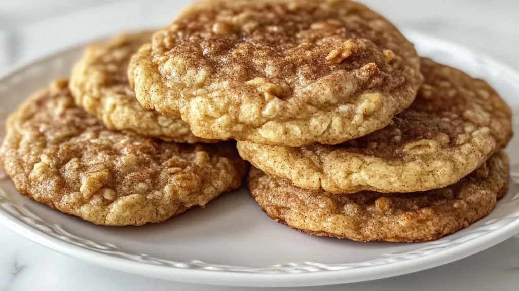 Freshly baked cinnamon toast crunch cookies stacked on a white plate.