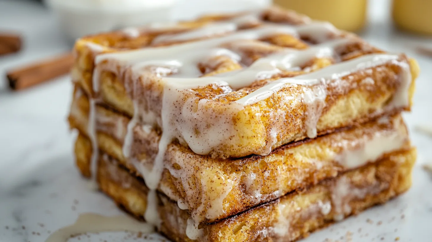 A stack of cinnamon roll French toast slices drizzled with icing.