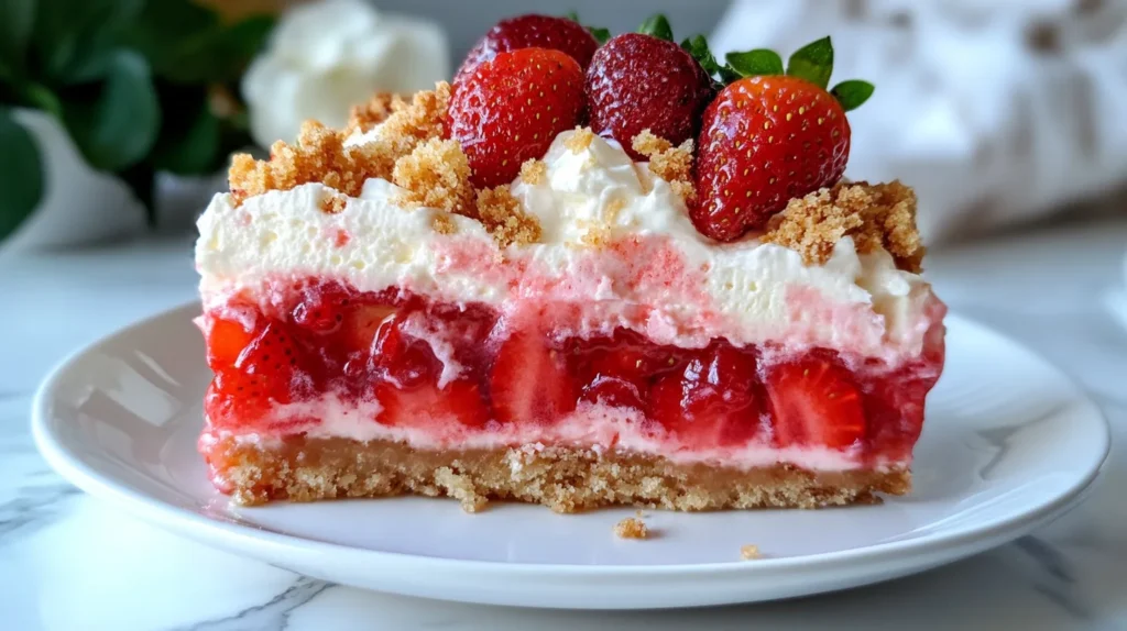 A bright slice of strawberry crunch poke cake on a white plate.