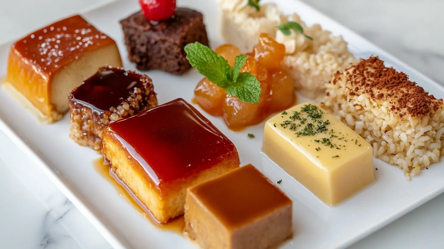 A plate filled with assorted Puerto Rican desserts, including flan, arroz con dulce, and quesitos.