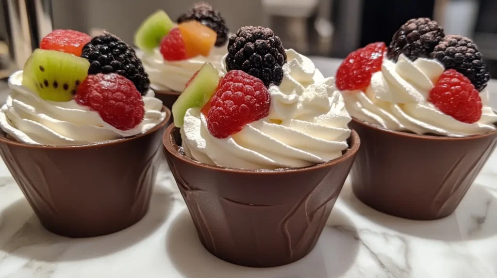 Three chocolate cups topped with whipped cream and fruit