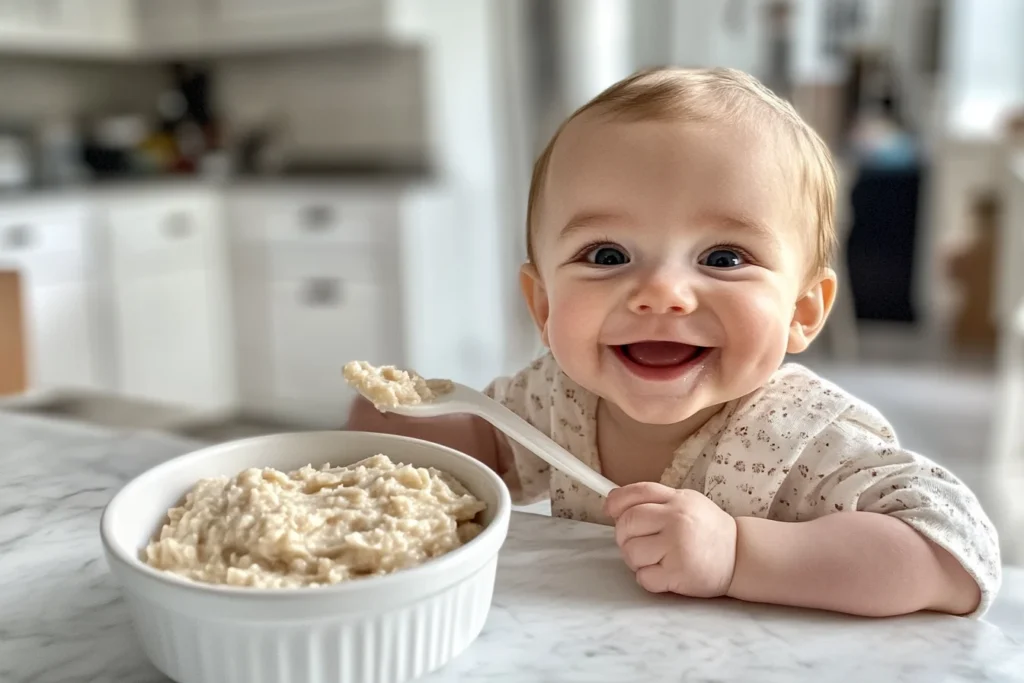 Smiling baby with a spoon, ready for breakfast.