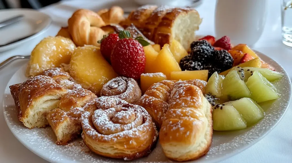 A plate filled with assorted breakfast pastries, from cinnamon rolls to fruit Danishes.