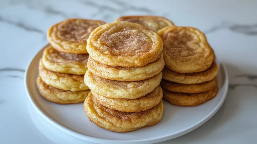 Freshly baked cinnamon toast crunch cookies stacked on a white plate.