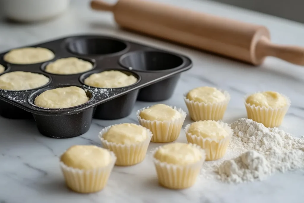 Gathered ingredients and tools for making puff pastry muffin cups, including a rolling pin and muffin tin