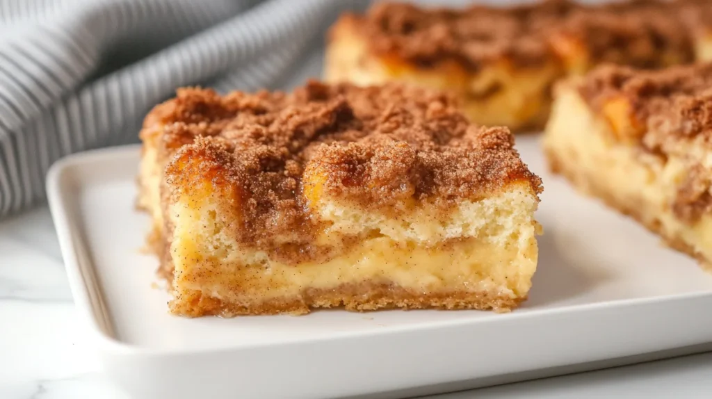 Freshly baked brioche french toast casserole with golden edges and cinnamon streusel.