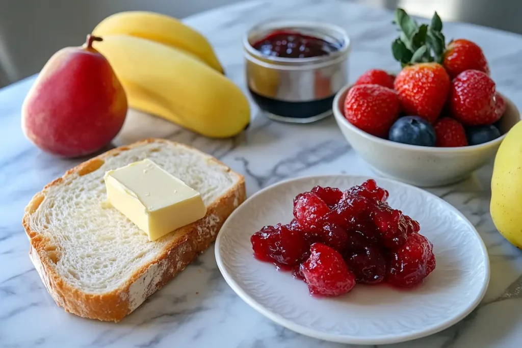 Ingredients for making a simple French tartine, including bread, butter, jam, and fresh fruit.