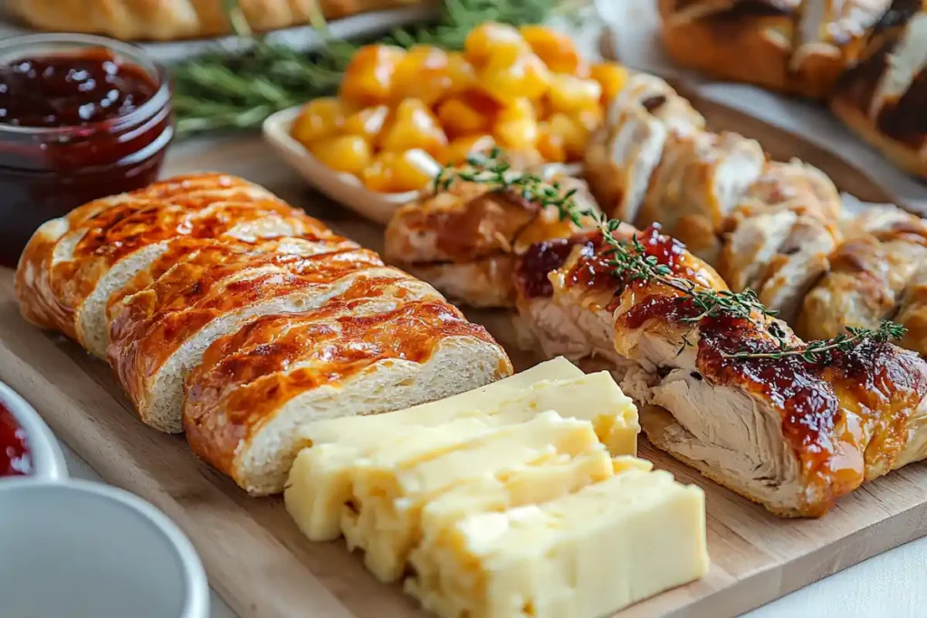 A variety of popular fillings displayed: cheese, jam, chicken.