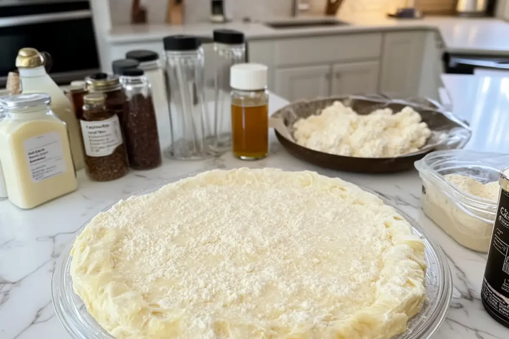 Ingredients for crescent roll cheesecake laid out on a kitchen counter