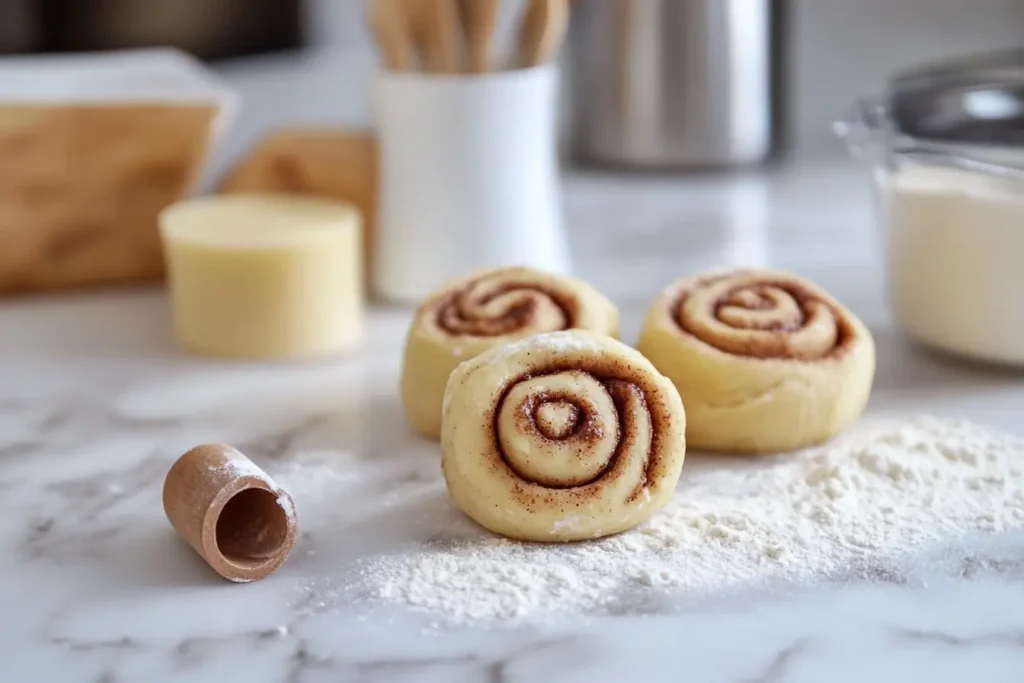 All the necessary ingredients for bread flour cinnamon rolls laid out on a kitchen counter