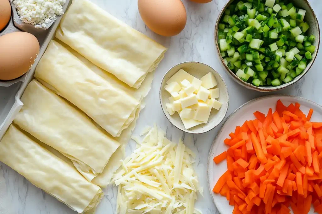 A variety of ingredients for making puff pastry egg cups, including puff pastry sheets, eggs, cheese, and chopped vegetables.