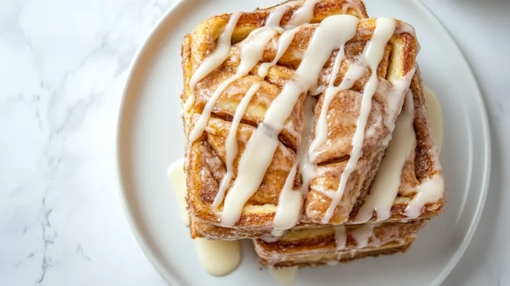 A stack of cinnamon roll French toast slices drizzled with icing.