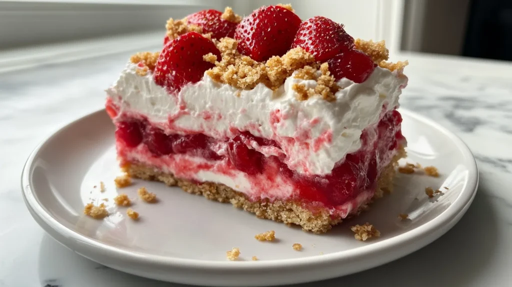 A bright slice of strawberry crunch poke cake on a white plate.