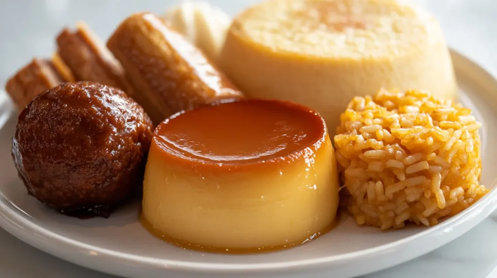 A plate filled with assorted Puerto Rican desserts, including flan, arroz con dulce, and quesitos.