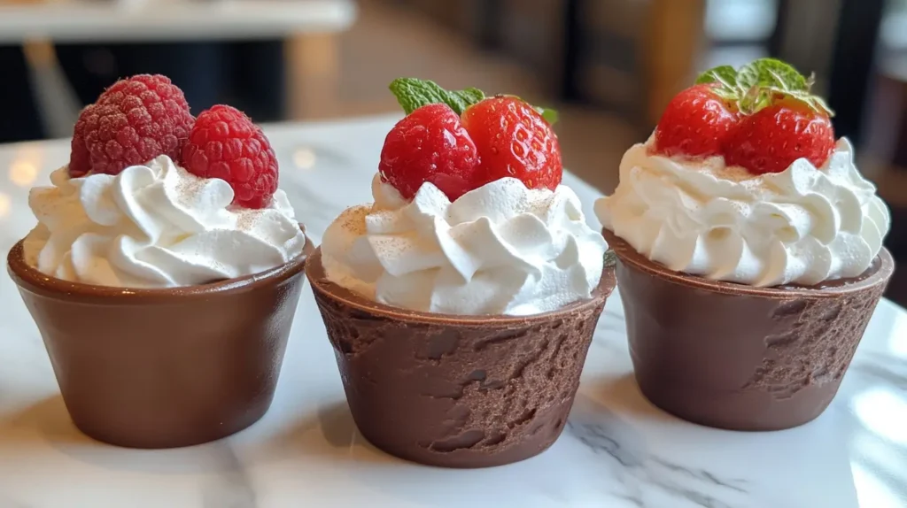 Three chocolate cups topped with whipped cream and fruit