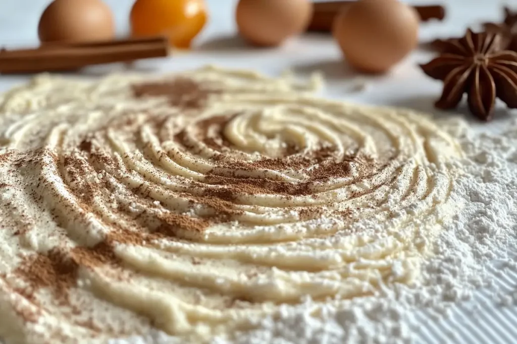 Ingredients like flour, eggs, and cinnamon laid out on a kitchen counter for cinnamon swirl pancakes