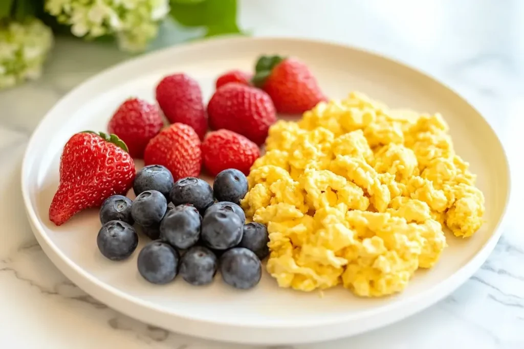 Neatly plated toddler breakfast featuring oatmeal, fruit, and scrambled eggs.