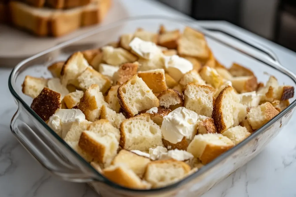 Cubed bread and cream cheese on a baking dish, ready to be made into French toast casserole.