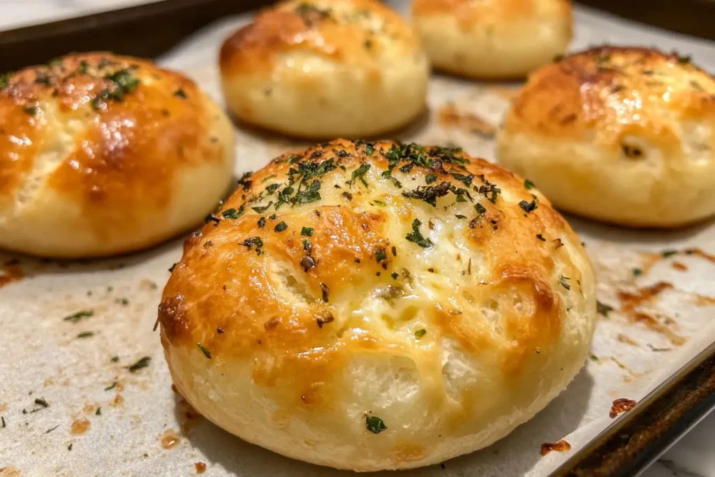 Golden brown savory cream cheese pastries fresh out of the oven on a baking sheet.