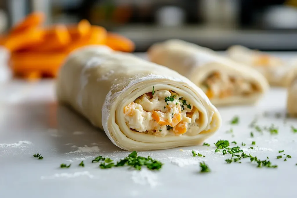 Rolling up a crescent dough triangle around a savory filling.