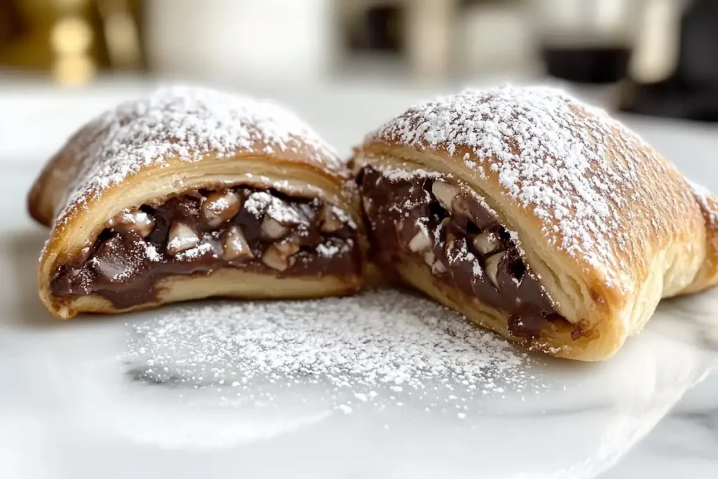 Chocolate-filled crescent rolls dusted with powdered sugar.