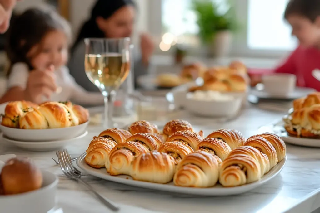 A family gathered around a table enjoying filled crescent rolls