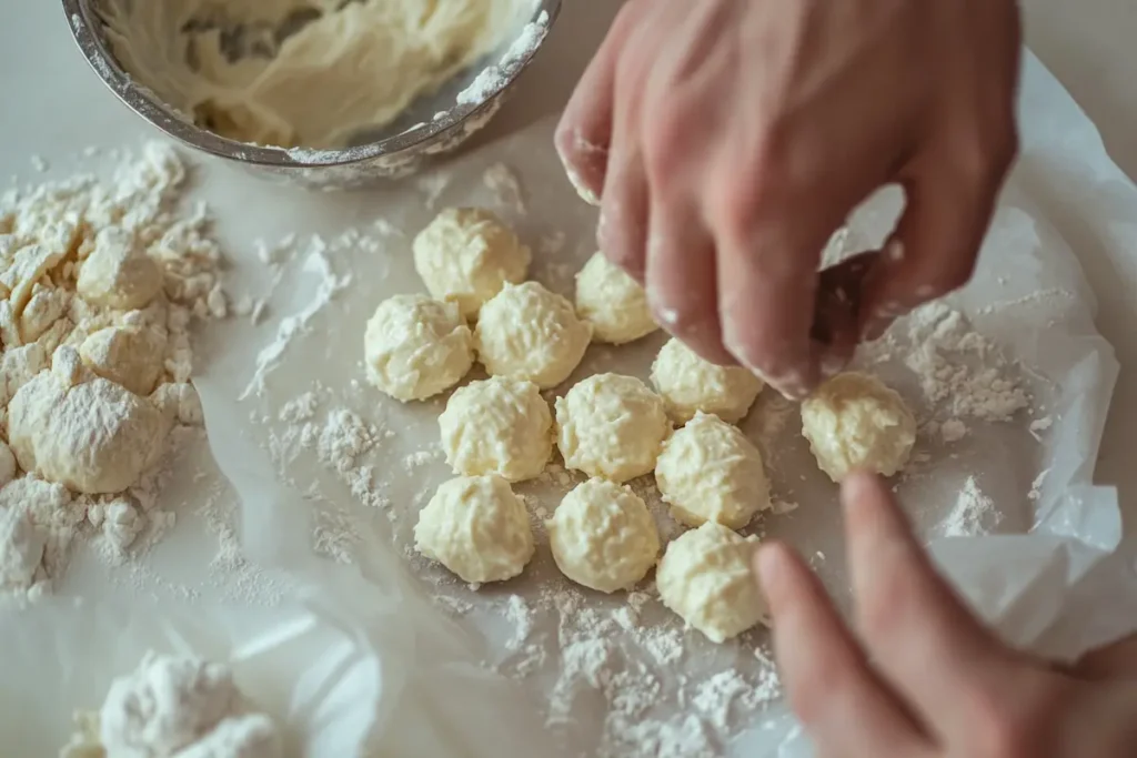 Hands rolling the cream cheese mixture into small balls on parchment paper.