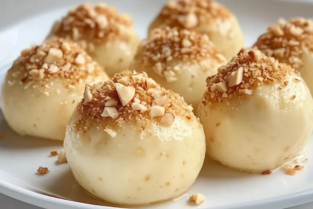 Round balls coated in crushed nuts on a white plate.