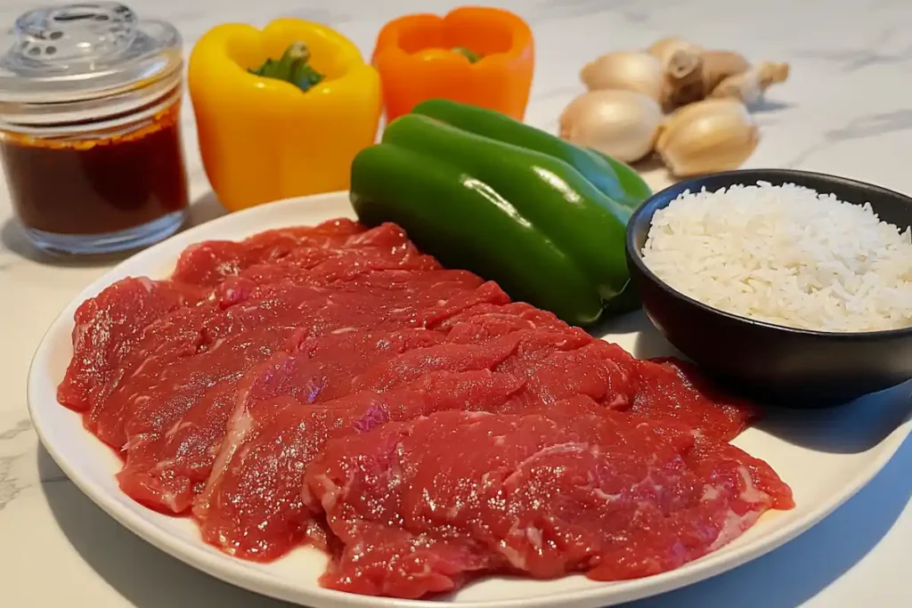 All ingredients for a beef and pepper rice bowl laid out on a kitchen counter.