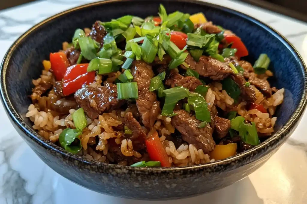 A piping hot bowl of beef and pepper rice garnished with green onions.