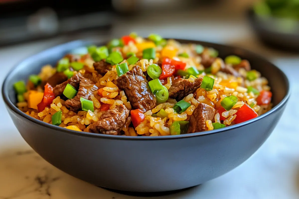 A piping hot bowl of beef and pepper rice garnished with green onions.