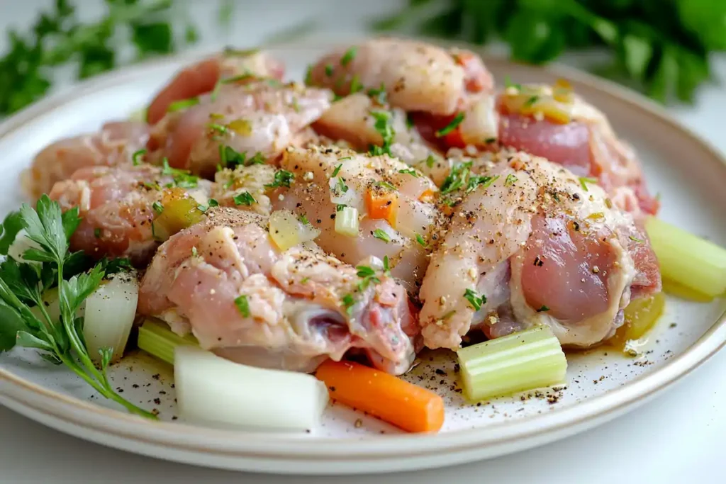 A plate of raw chicken necks garnished with herbs, ready for cooking.