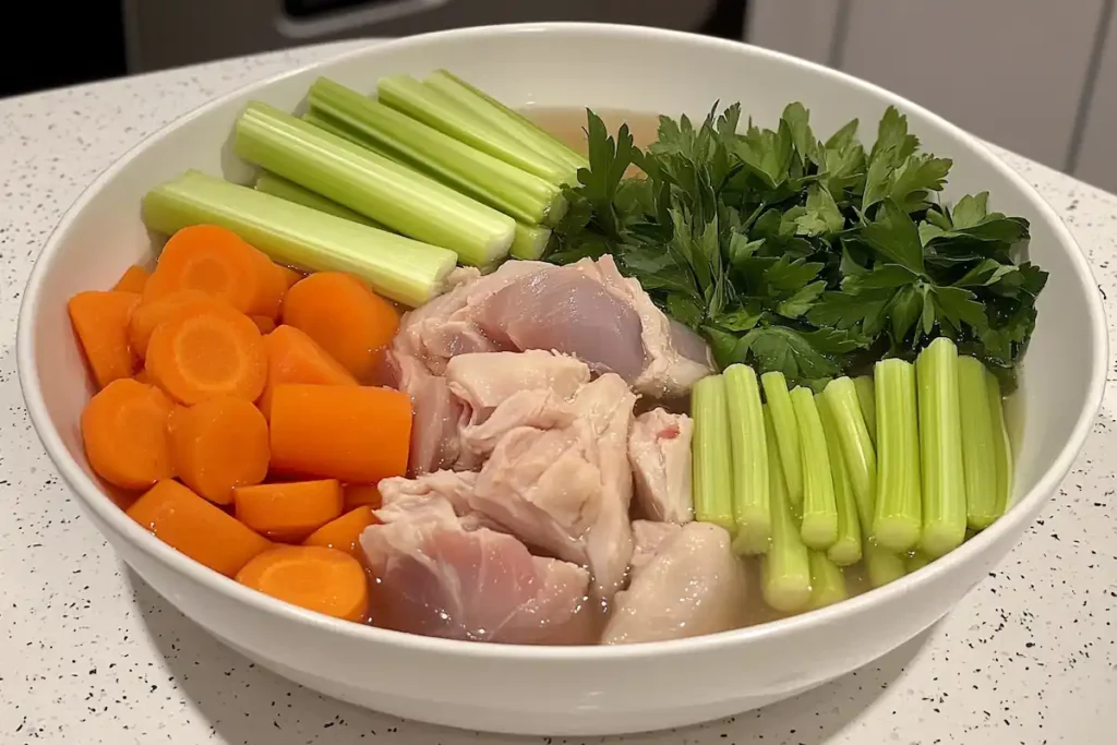 Neatly organized ingredients for a chicken neck broth, including veggies and herbs