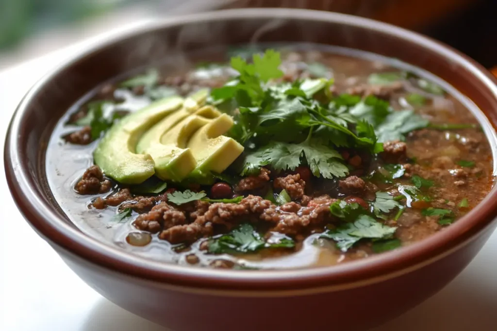 A steaming bowl of chipotle ground beef soup topped with fresh cilantro and avocado slices.