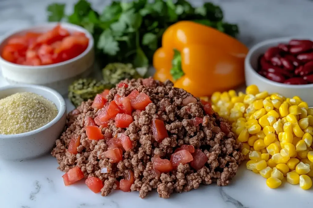 All the ingredients for chipotle ground beef soup laid out, including ground beef, tomatoes, peppers, beans, and spices.