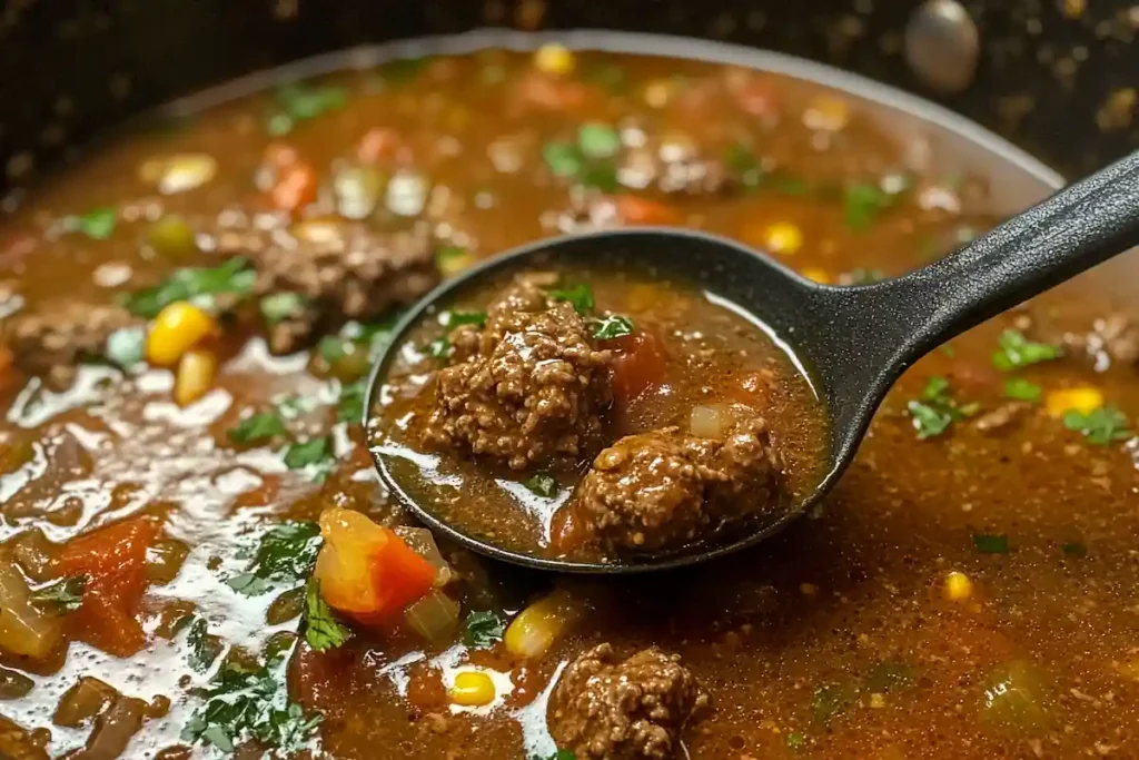 A ladle scooping up hearty chipotle ground beef soup from a Dutch oven.