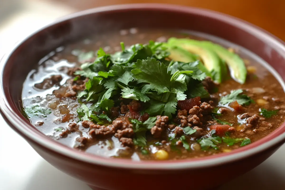 A steaming bowl of chipotle ground beef soup topped with fresh cilantro and avocado slices.