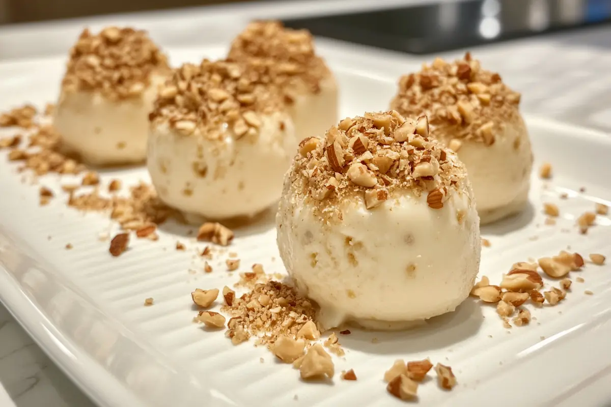 Round keto cheesecake balls coated in crushed nuts on a white plate.