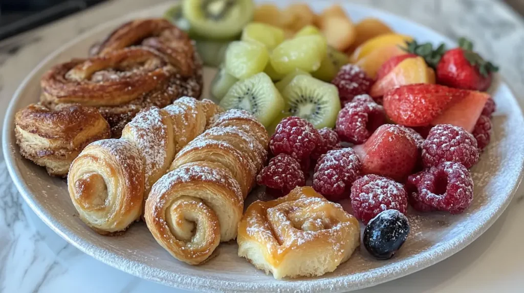 A plate filled with assorted breakfast pastries, from cinnamon rolls to fruit Danishes.