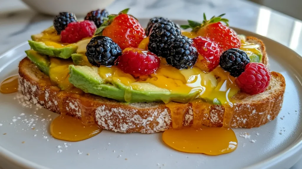 Completed toast with fresh toppings served on a plate.