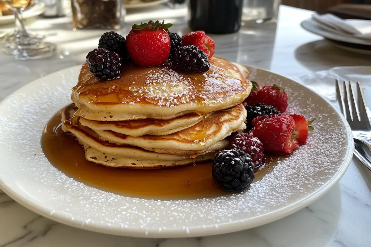 A plate piled high with fluffy pancakes drizzled with syrup and fresh berries.