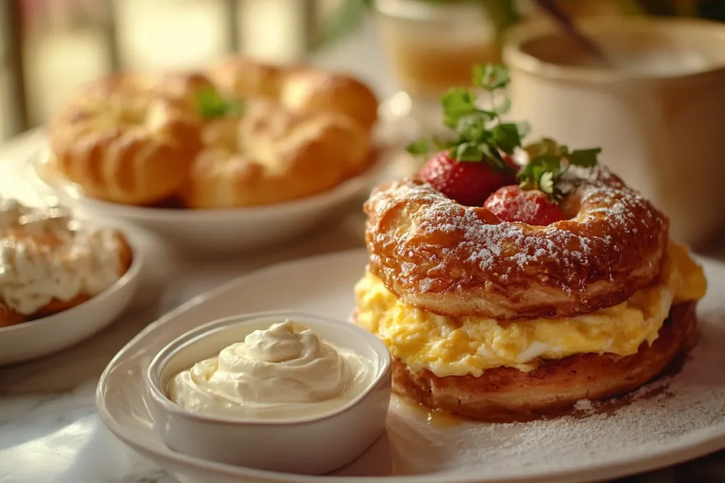 A cozy, country-style breakfast scene featuring golden French toast stuffed with cream cheese, a small dish of whipped cream cheese alongside a warm bagel casserole