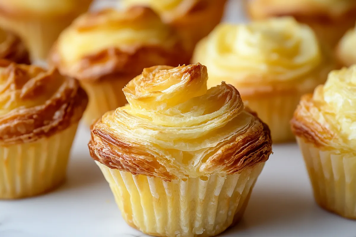 Freshly baked puff pastry muffin cups with golden-brown layers.