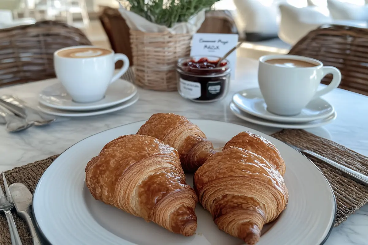 A breakfast table set with coffee, croissants, and jam for a classic French breakfast.