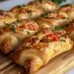 Golden stuffed crescent rolls arranged on a wooden board.