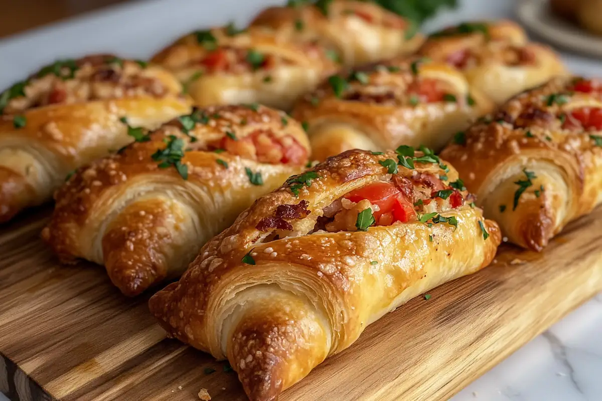 Golden stuffed crescent rolls arranged on a wooden board.